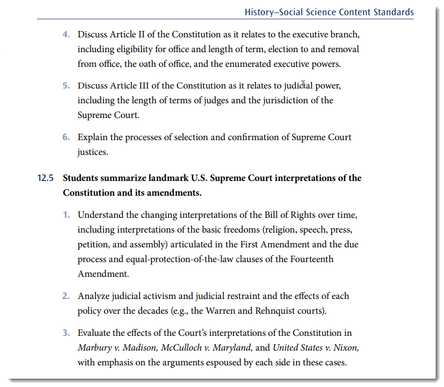 A snapshot of the content about the Supreme Court in the <a href="https://www.cde.ca.gov/ci/hs/cf/documents/hssappendices.pdf" rel="noopener" target="_blank">California History–Social Science Content Standards</a>.