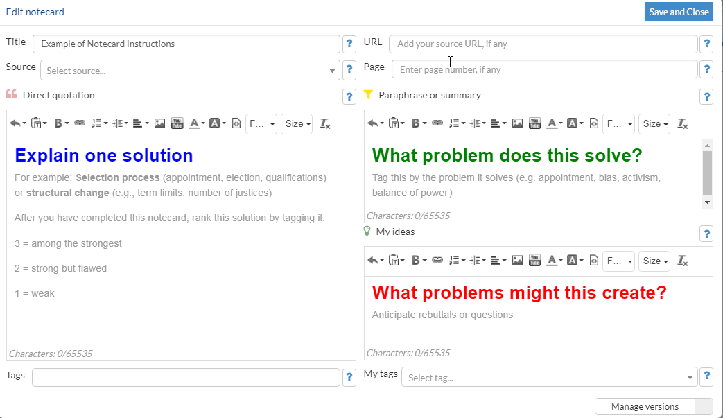 NoodleTools notecard with modified instructions