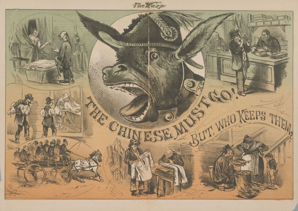 A political cartoon that conflicting views of Chinese immigrants.