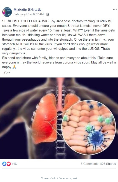 Facebook post on COVID-19 home remedy